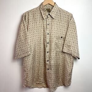 Vintage Bruno Silk Button Up Shirt Medium Brown Neutral Geometric Lightweight